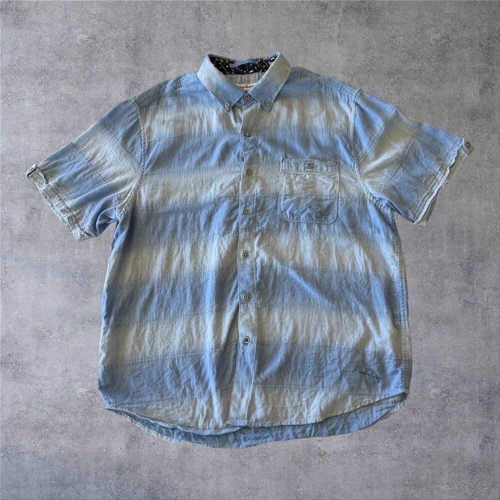 Tommy Bahama Shirt Mens L Blue Ombre Striped Cotton Short Sleeve Button Down
